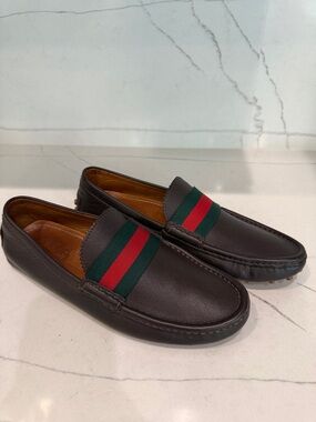 Gucci Brown Leather Slip-On Loafers with Green & Red Web Stripe